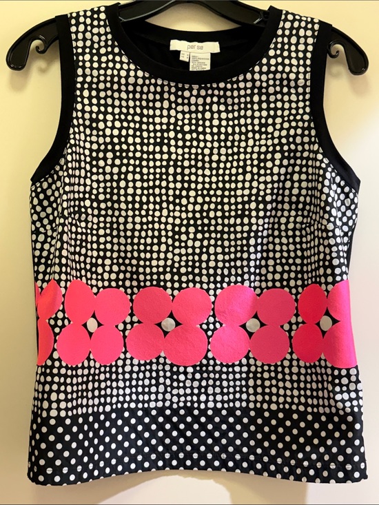 Per Se Tops - Per Se Black and White Polka Dot Shell with Hot Pink Floral Band Size 6